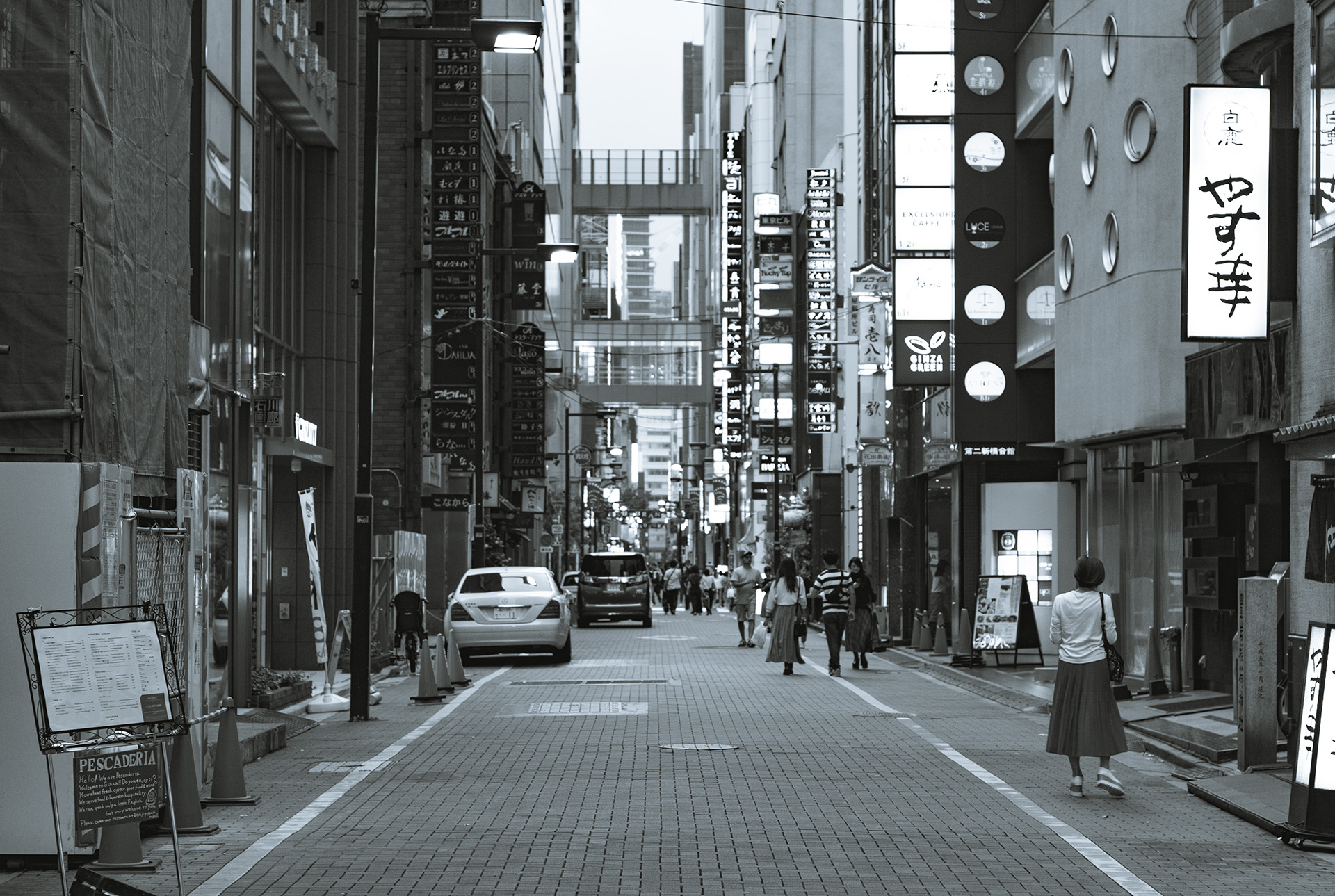 Black and white long modern street with a tiled road and Japanese signs on the buildings at its edges.